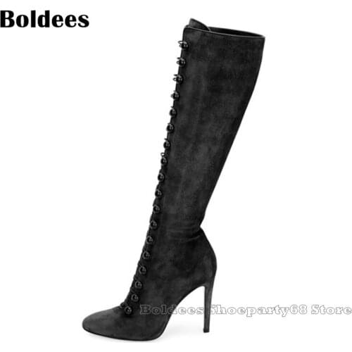 Zapatos Mujer Suede Leather Large size 35-45 Women Lace Up Winter Knee High Boots Thin Heeled Riding Booty