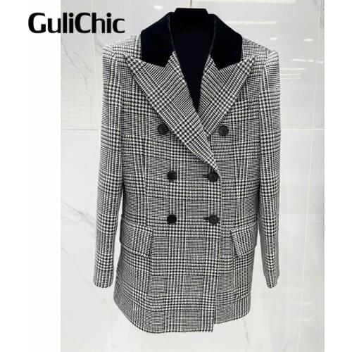 8.21 GuliChic High Quality Women Fashion Contrast Color Lapel Double Breasted Houndstooth Plaid Collect Waist Blazer