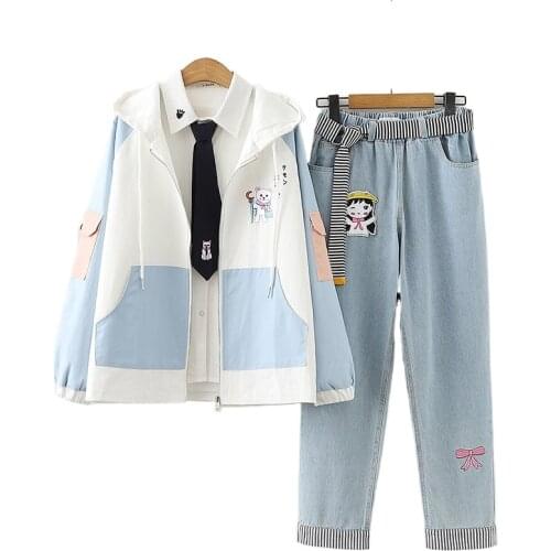 Womens Casual Pant Sets 2021 Three Piece Set Womens Clothing Zipper Hooded Jackets with Denim Pants White Tie Blouse Tracksuit
