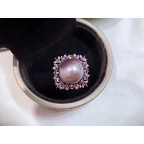 Solid s925 Sterling Silver Round 11-12mm Nature Fresh Water Purple Pearl Rings for Women Fine Presents