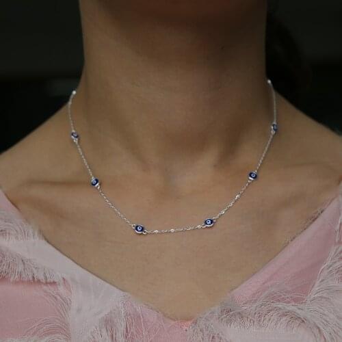 2018 New High quality bezel enamel station statement women 925 silver blue eyes Charm pendant necklace thin chain