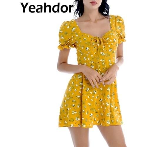 Women Summer Dresses Sexy Fashion Streetwear Drawstring Ruched Front Puff Sleeve Off-shoulder Floral Print Knee Length Dress