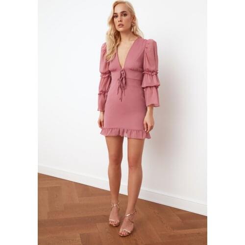 2021 summer chiffon dress women ladies V neck long sleeve ruffle Bohemian Casual fashion Slim Fit Pink