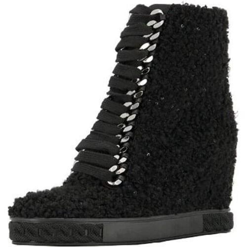 Winter Girls Black Wool 8 cm Height Increased Ankle Boots Inner Wedge Chains Lace up Sneaker Woman Zipper Back Short Booties