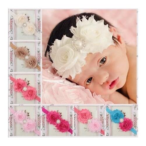 1pcs Pearl Rhinestone Headband Elastic Hairband Baby Girls Double Shabby Flowers Headbands Kids Baby Hair Accessories