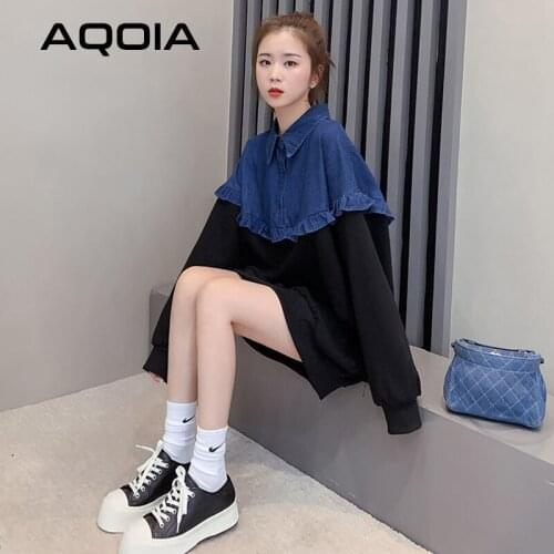 2020 Winter Streetwear Turn-Down Collar Female Pullover Denim Patchwork Womens Sweatshirts Hoodies Autumn Long Woman Sweatshirt