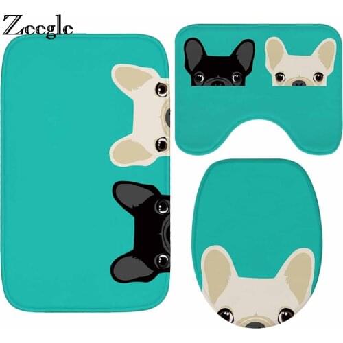 Zeegle 3PCS Bath Mat Set Dog Head Printed Bathroom Mats Anti-slip Carpet for Bathroom Water Absorbing Bath Mat Toilet Rugs