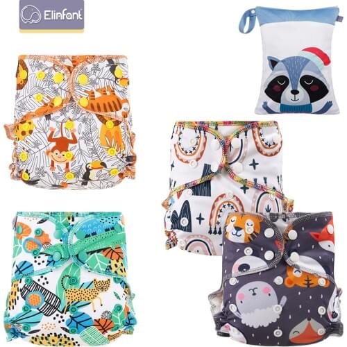 Elinfant 4 Pcs Soft Fabric Cloth Diaper Heavy Wetter Sleeping AI2 Waterproof Washable Cloth Nappies With 1 Piece Free Wet Bagg