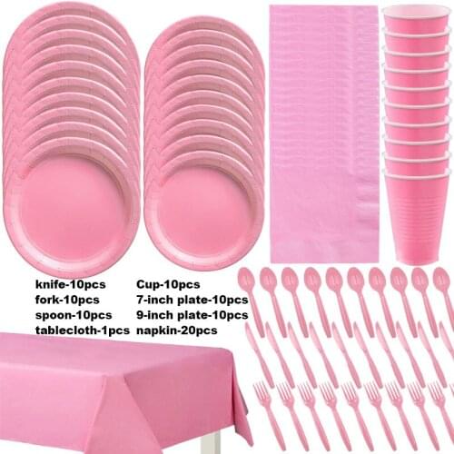 81pcs/Pure Pink Plastic Wedding Anniversaire Birthday Kids Party PinkTheme Decorations Disposable Party Tableware lovely Them