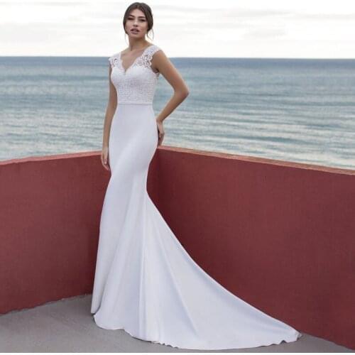 Eightree White Lace Mermaid Wedding Dress Satin V-Neck Sleeveless Backless Bridal Gowns Formal Long Evening Dresses Custom Size