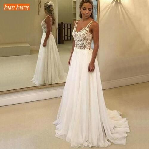 Elegant Boho White Chiffon Backless Wedding Dresses Long 2020 Ivory Lace Appliques V Neck Wedding Gowns A Line Beach Bride Dress