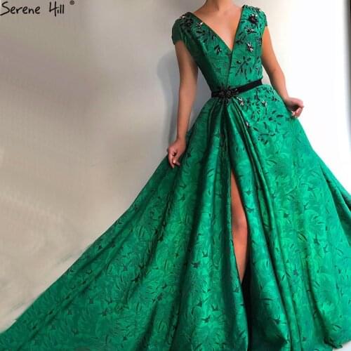 Dubai Design Green Diamond V-Neck Evening Dresses 2020 Sleeveless Sexy Sparkle Formal Dress Real Photo LA60733