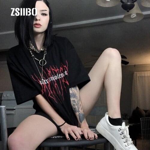Streetwear Punk Gothic T-shirts Loose Harajuku Letter Print Summer Fashion black Short Sleeve Casual Vintage women black tees