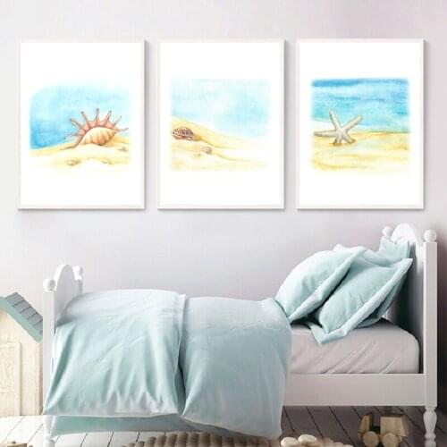 Marine Elements Canvas Painting Blue Sea Poster Starfish Conch Wall Picture for Living Room Childrens Room Decoration Prints