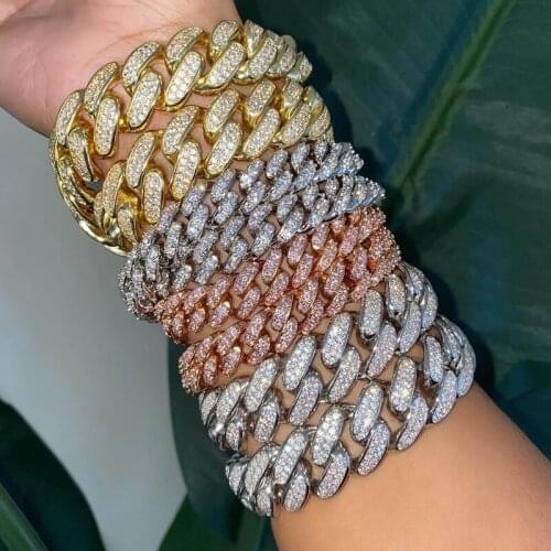 2021 Silver color 18mm classic cuban link chain Iced out bling 2 raw cz cuban link chain bracelet for women mens hiphop jewelry