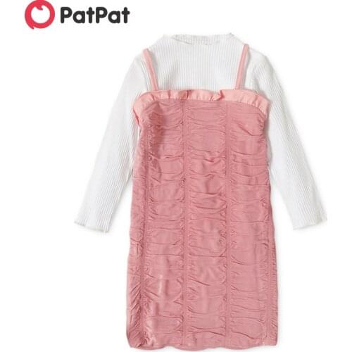 PatPat 2-piece Toddler Girl Basic Ribbed White Long-sleeve Top and Ruffled Strap Bodycon Dress Set