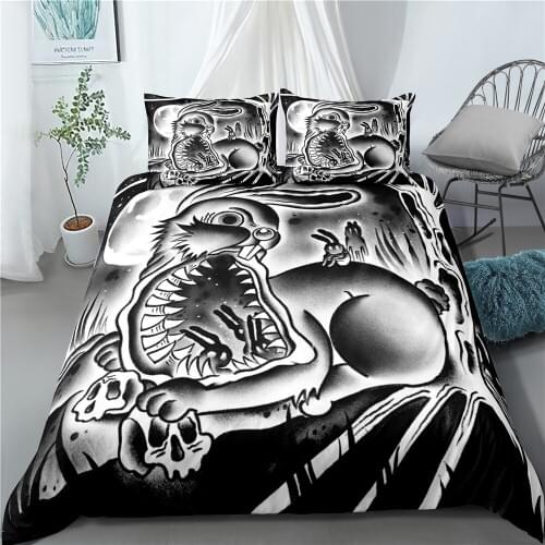 2/3 Pieces Rabbit Duvet Cover Dark Animal Bedding Set Single Double Bed Cover Set Black And White Background Bed Quilt Cover
