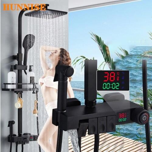 Piano Bathroom Shower Set Matte Black Waterfall Bathroom Faucets ABS Rainfall Shower Head Thermostatic Digital Shower Mixer Set