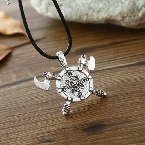 New 2016 Norse Viking Barbarian Gladiator Medieval Double Axe Shield Pewter Pendant Necklace Free shipping