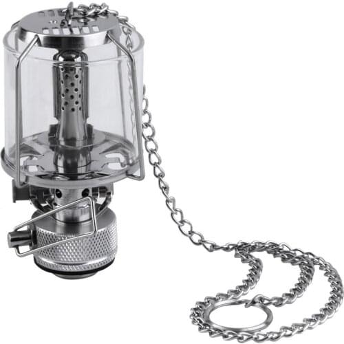 Mini 80LUX Outdoor Camping Lantern Portable Aluminum Gas Light Tent Lamp Torch Hanging Glass Lamp Chimney Butane for Travel