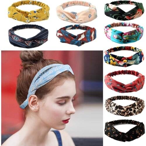 Bohemian Girls Hairband Hair Accessories Print Headbands Vintage Women Headband Cross Top Knot Elastic Hairband Soft Solid Color