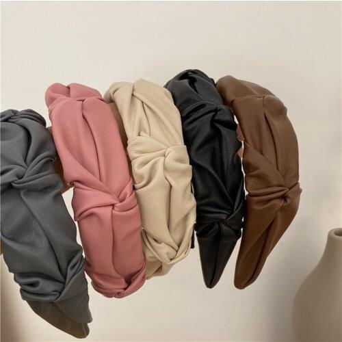 New Pleated Headband PU leather Turban for Women Wide Size Solid Color Hairbands Girls Accessories Hair Hoop Hair Jewelry