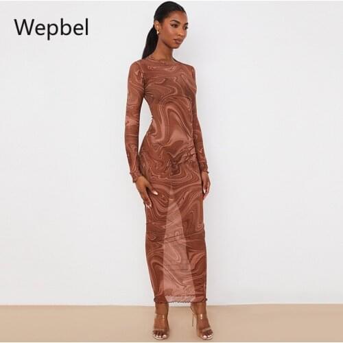 Wepbel Perspective Dresses Hot Girl Sheer Mesh Long Sleeve Printed Dress Women Sexy O-Neck One-Step Bodycon Clubwear Dress