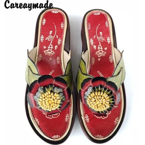 Careaymade-New Leisure simple slippers,Real Leather Flip Flops comfortable folk style hand-painted retro art mori girl slippers