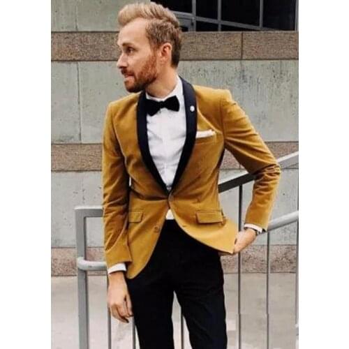 Velvet Groom Tuxedos Yellow Men Wedding Tuxedos Black Lapel Popular Men Dinner/Darty Jacket Blazer Suit Custom Made(Jacket+Pants