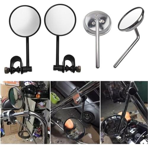 1 Pair Motorcycle Handlebar Rear View Mirrors Black Round Convex Clip-On Retro 22-25mm Aluminum For Harley Chopper Cruiser Honda