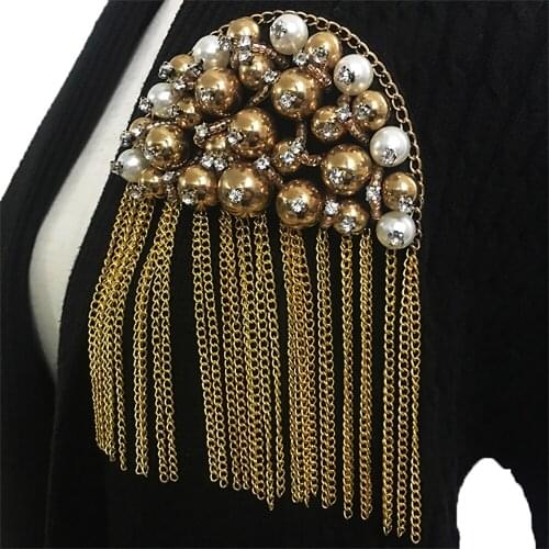 1Pcs High quality handmade fashion pearl rhinestone tassel shoulder badge bead DIY decoration badge