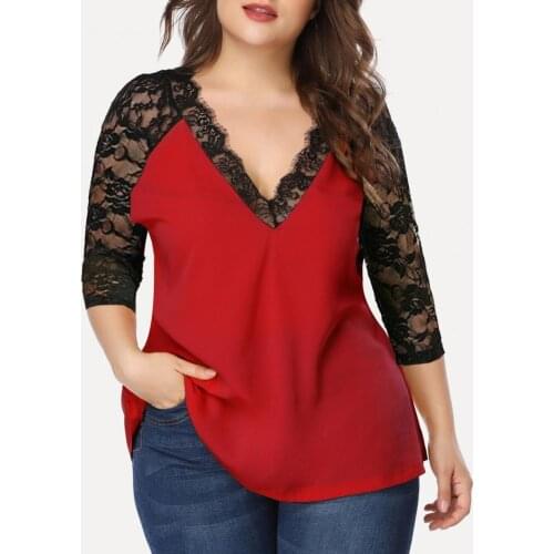 V Neck Top Lace Patchwork 3/4 Sleeve Shirt for Dating Women Blouse V Neck Top Lace Patchwork 3/4 Sleeve Shirt for Dating