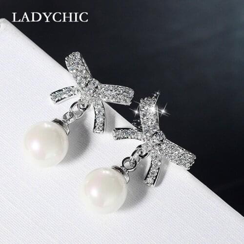 LADYCHIC Fashion Bowknot Pearl Earrings High Quality AAA Zircon Silver Color Dangle Earrings for Women Girl Jewelry Gift LE1305