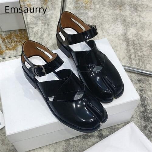 New Design Split Toe Casual Shoes Woman Flat Heel Ankle Strap Genuine Leather Spring Autumn Preppy Style Outwear Mules