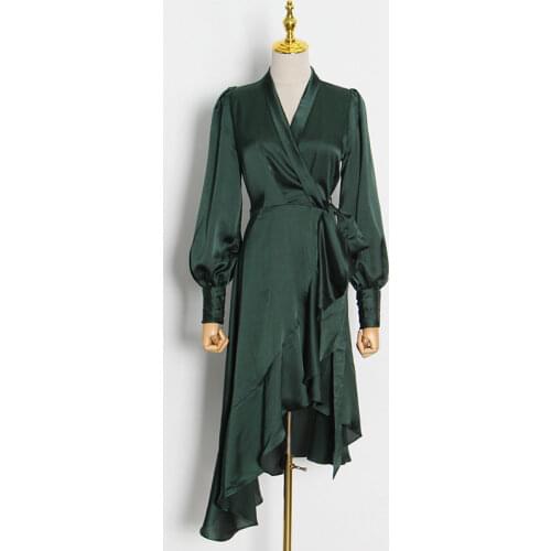 2021 Summer Womens Satin Dresses Lantern Sleeve One Shoulder Bodycon Women Clothes Elegant Rose Club Party Office Midi Dress