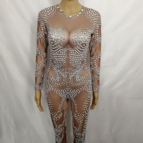 2019 New Women Leotard Full Pearls Stretch Skinny Jumpsuit Nightclub Female Costume DJ Singer Stage Wear Sexy DJ Dance Rompers