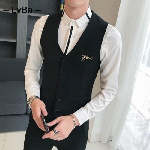 Vest man business fashion mens waistcoat black slim fit classic formal suit vest men koream style solid sleevess vests dress