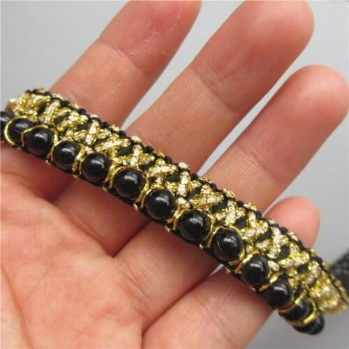 Vintage Pearl Beaded Lace Trim Tape Gold Lace Ribbon African Lace Fabric Collar Sewing Garment Headdress Materials 15mm Width
