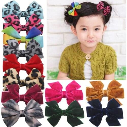 10*7 CM Lovely Rainbow Velvet Ribbon Bows Children Hair Clips Leopard Print Bowknot Baby Girls Hairpins DIY Headwear Photo Props