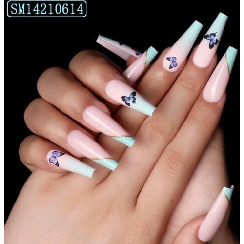 24Pcs/Set Butterfly Print Fake Nails Glue Type Gradient Color Removable Long Paragraph Manicure Fully Covered Nail Decoration