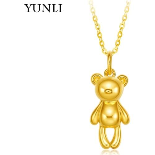YUNLI Pure 24K 999 Gold Pendant Necklace Lovely Bear with Real 18K Gold AU750 Chain for Women Fine Jewelry Gifts