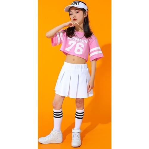 Kids Girls Cheerleader Dance Clothes Short Sleeve Pink Tops Skirts Practice Outfit Hip Hop Costume Jazz Performance Wear BL6335