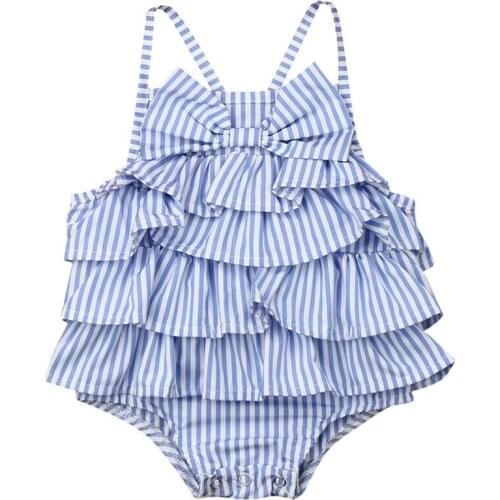 Infant Kids Baby Girls Cute Romper Bodysuits Sleeveless Blue Striped Bow Ruffles Jumpsuits Clothes