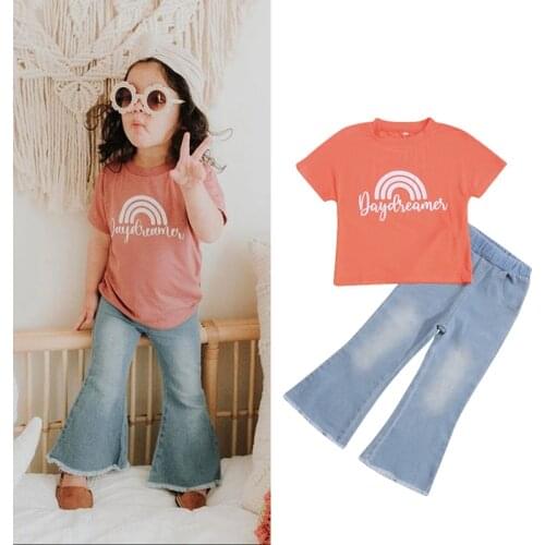 FOCUSNORM Summer Lovely Kids Girls Clothes Sets 2pcs Rainbow Letter Printed T Shirts Blue Denim Long Flare Pants 2-7Y