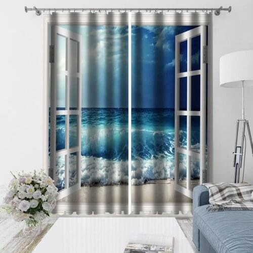 Photo blue waves window curtains 3D Blackout Curtains For Living room Bedding room Drapes Cotinas para sala