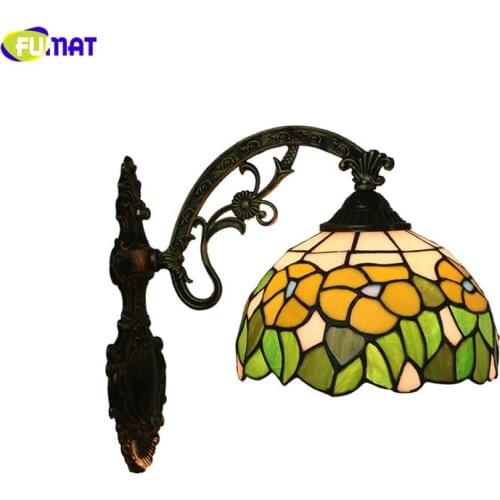 FUMAT Stained Glass Wall Lamp Tiffany Style Morning Glory Green Leaf Lampshade Handcraft Arts European Luxury Home Decor 8 Inch