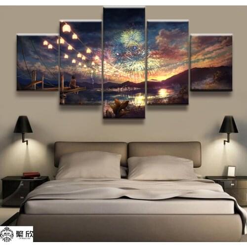 Hot Sales Without Frame 5 Panels Picture Canvas Art Colorful Fireworks Town Painting Artwork Wall Art Canvas Painting Wholesale