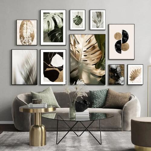 Green and gold leaves painting on canvas nordic scandinavian nature poster and print wall art frameless image for living room
