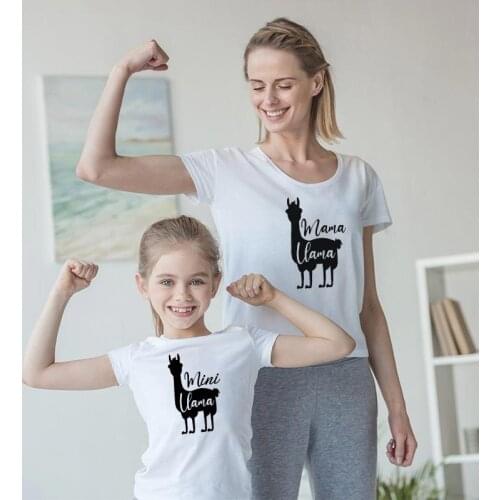 2021 summer short sleeve cute childlike fun alpaca printed mother-daughter cotton round collar top mom and girl valentines day
