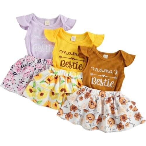 2021-03-09 Lioraitiin 0-24M 2Pcs Set Infant Baby Girl’s Clothes Fresh Letter Embroidery Fly Sleeve Romper Flower A-line Skirt